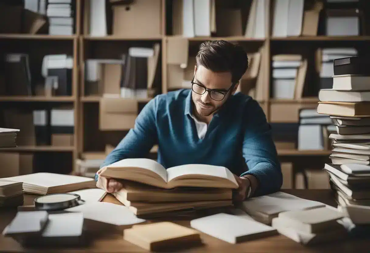 A person sitting at a desk, surrounded by books and papers, researching and writing about irritable bowel syndrome treatment and management