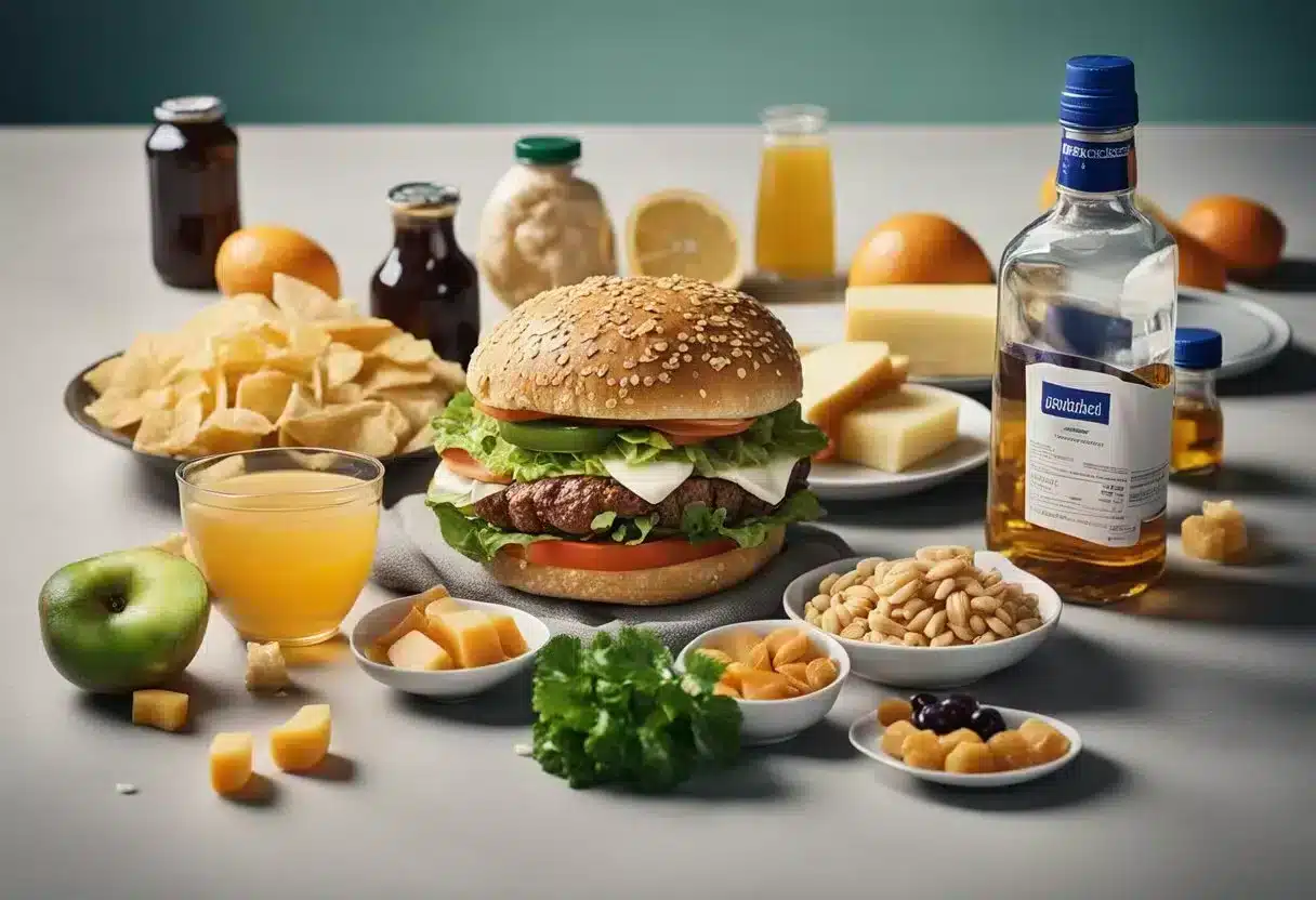 A stomach in distress, surrounded by various foods and beverages. A crumpled tissue and a bottle of antacids nearby