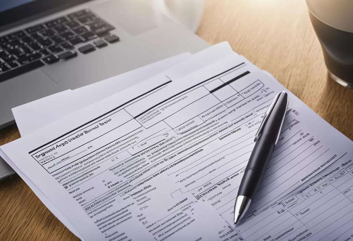 A stack of papers with "Frequently Asked Questions about irritable bowel syndrome" printed on top, surrounded by a computer, pen, and notepad