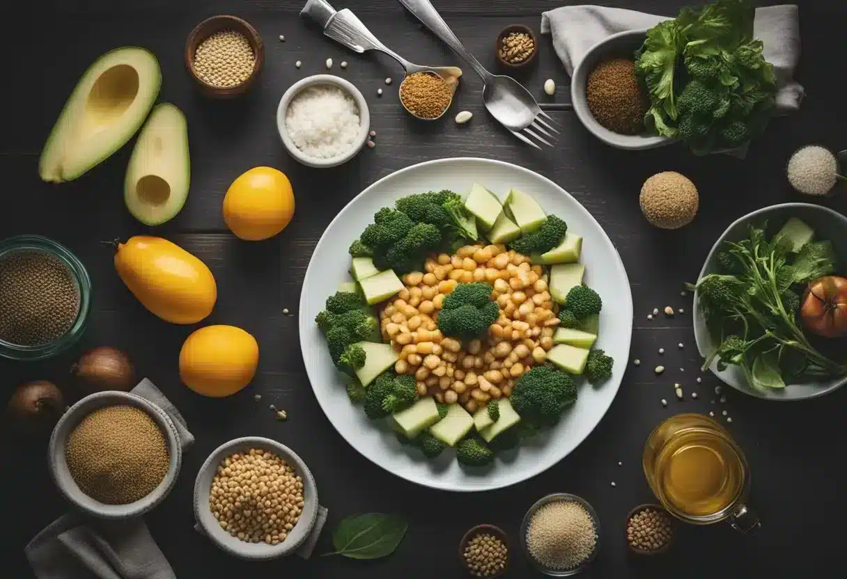 A person with IBS sits uncomfortably, clutching their stomach. A plate of trigger foods sits untouched on the table