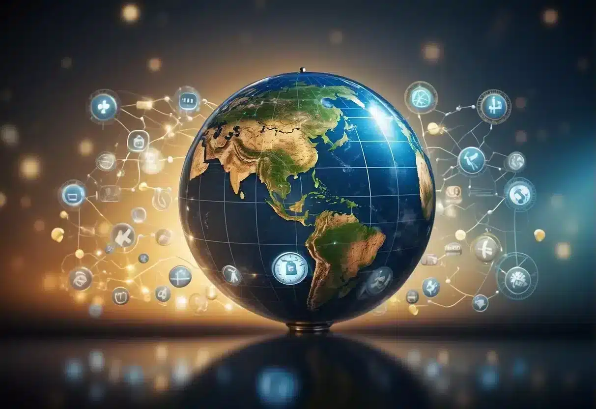 A globe with medical symbols and data overlays, showing the impact of location on health outcomes
