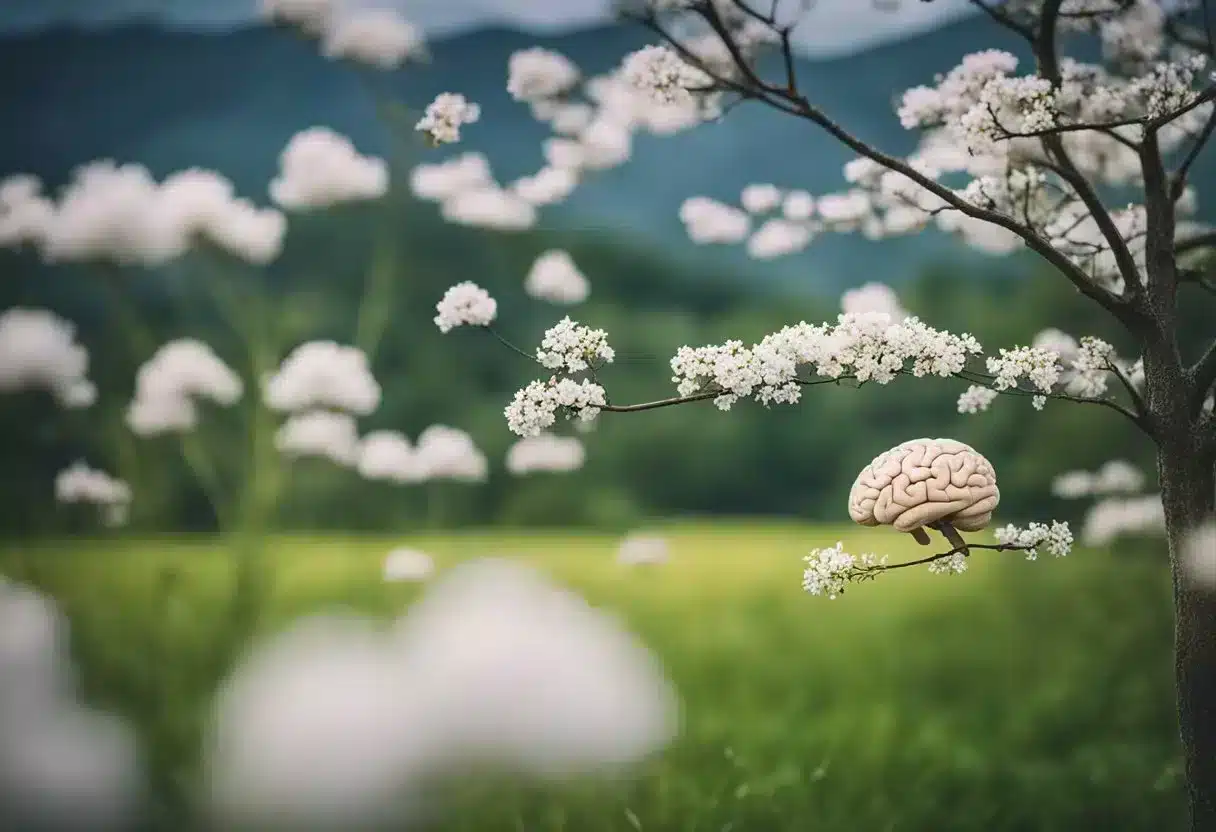 A serene landscape with a brain surrounded by calming elements, showcasing the positive effects of N-acetyl cysteine on mental health and neurological well-being