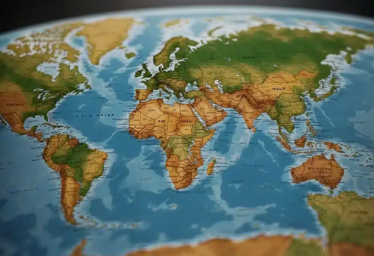 A map of the world with various landscapes and regions, emphasizing the impact of geography on health outcomes