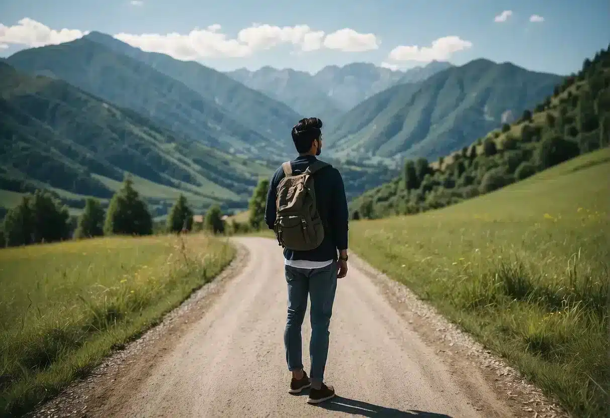 A person in a rural area surrounded by mountains, fresh air, and greenery, with a clear blue sky and a peaceful atmosphere