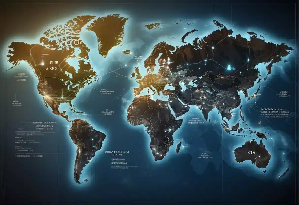 A world map with highlighted regions and medical symbols representing the impact of geography on health