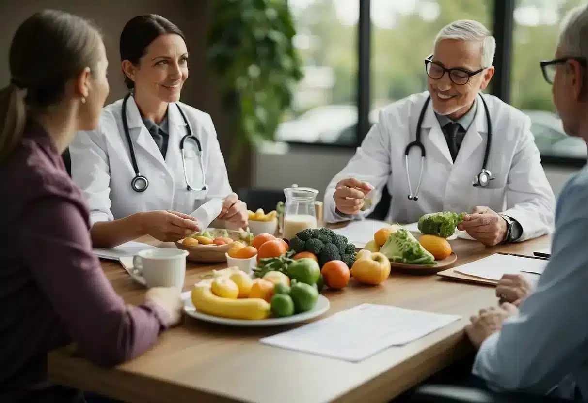 Healthcare professionals discussing anti-inflammatory diet for allergies. Tables with charts and food items