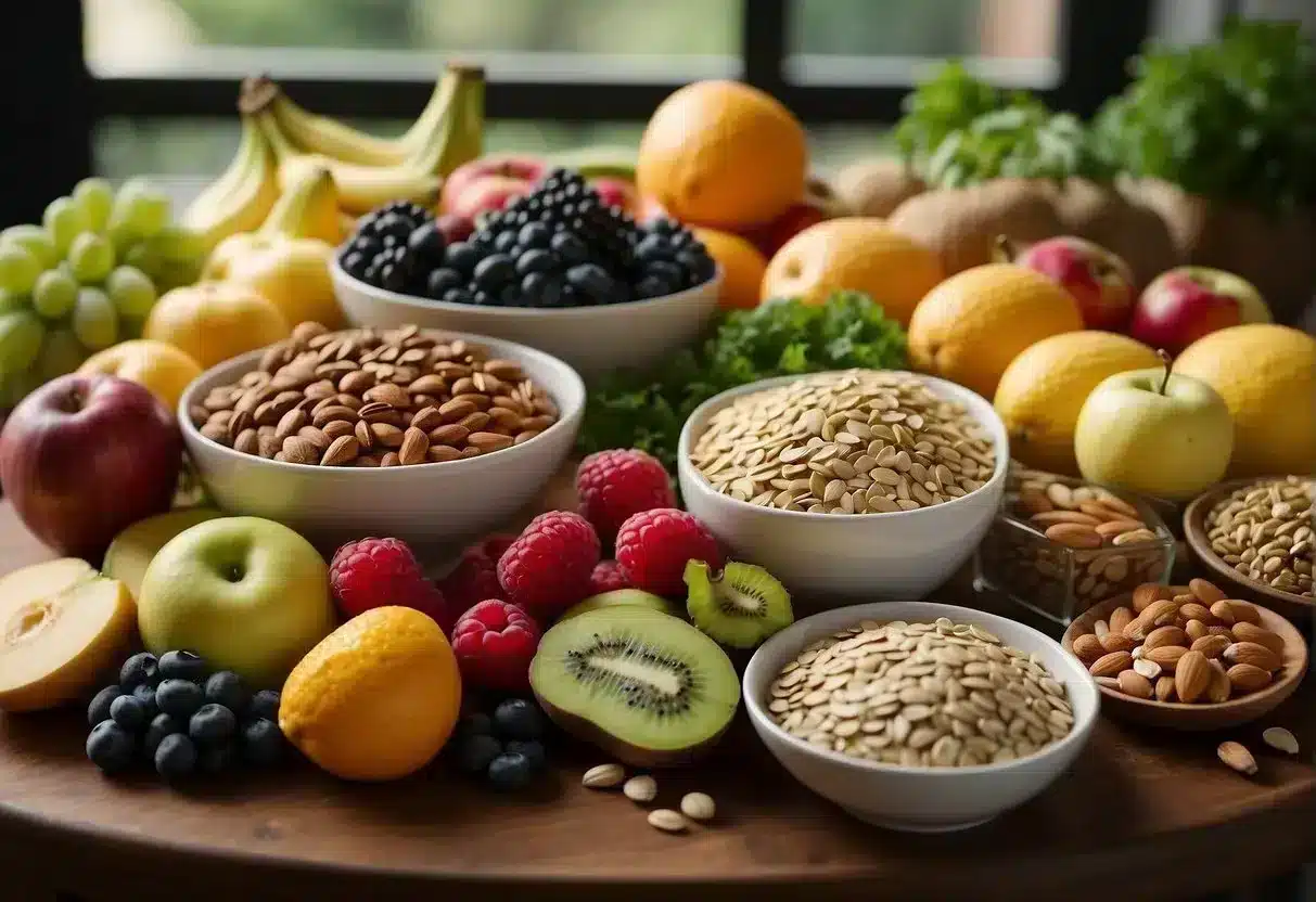 A table filled with colorful fruits, vegetables, nuts, and seeds, with a variety of whole grains and lean proteins, all labeled as "optimal food choices for allergy sufferers."