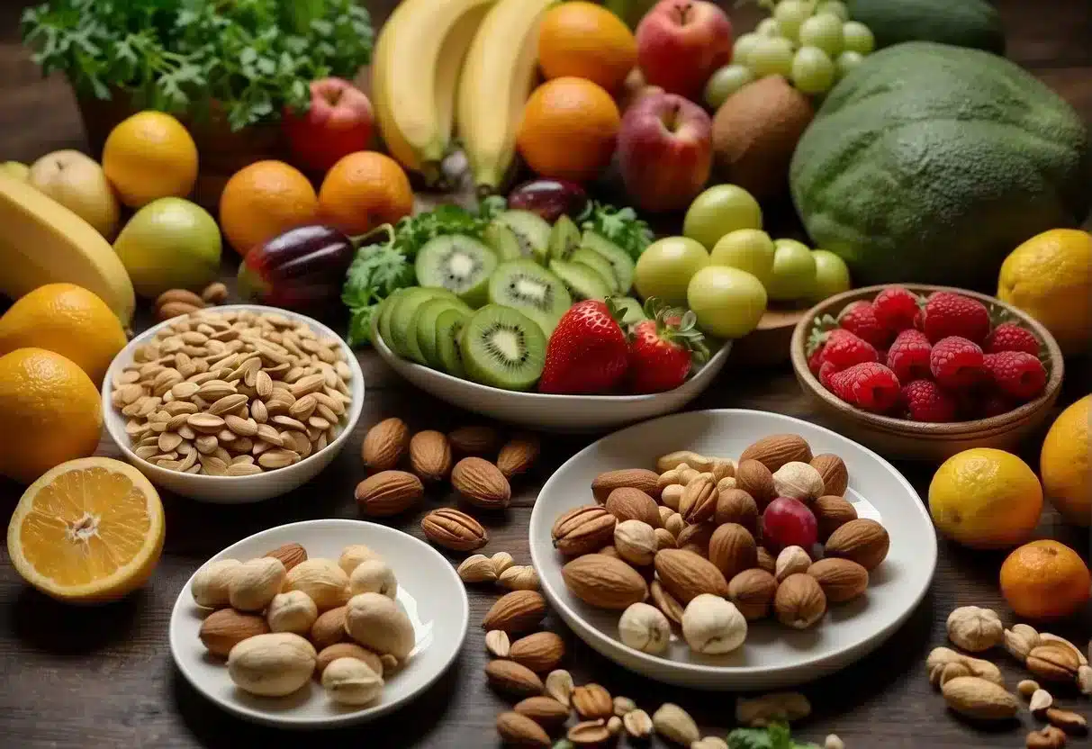A table with colorful fruits, vegetables, and nuts, surrounded by anti-inflammatory foods. A diagram showing the connection between allergies and inflammation