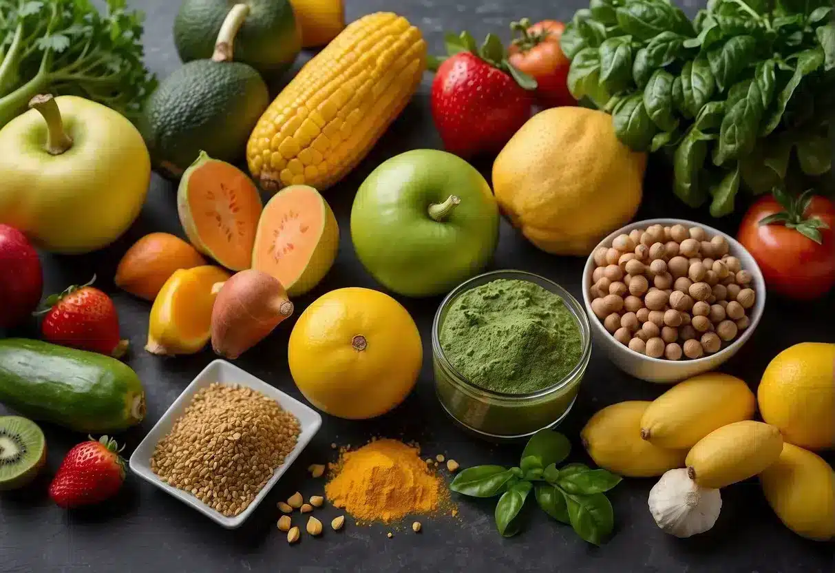 A table filled with colorful fruits, vegetables, and lean proteins, surrounded by anti-inflammatory foods like turmeric, ginger, and leafy greens