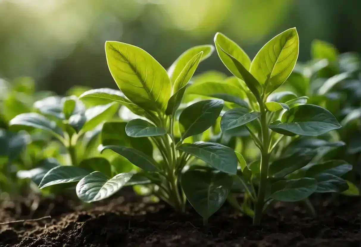 A lush green plant absorbs sunlight through its leaves, converting it into energy using chlorophyll. The liquid substance provides numerous health benefits but also carries potential risks