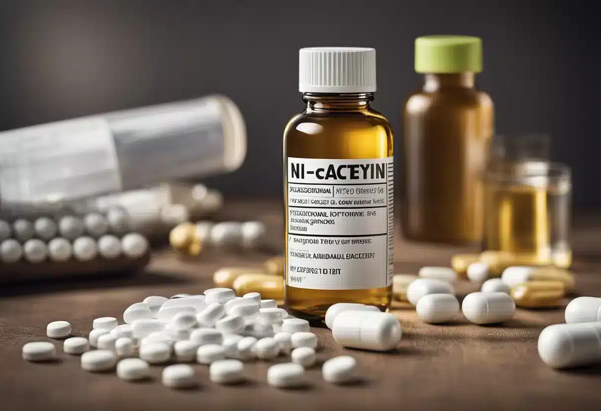 A bottle of n-acetyl cysteine next to other medications, with caution labels and a list of contraindications