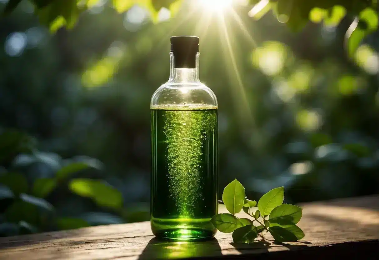 A clear bottle of liquid chlorophyll surrounded by green leaves and a beam of sunlight shining down, with a list of FAQs floating around it