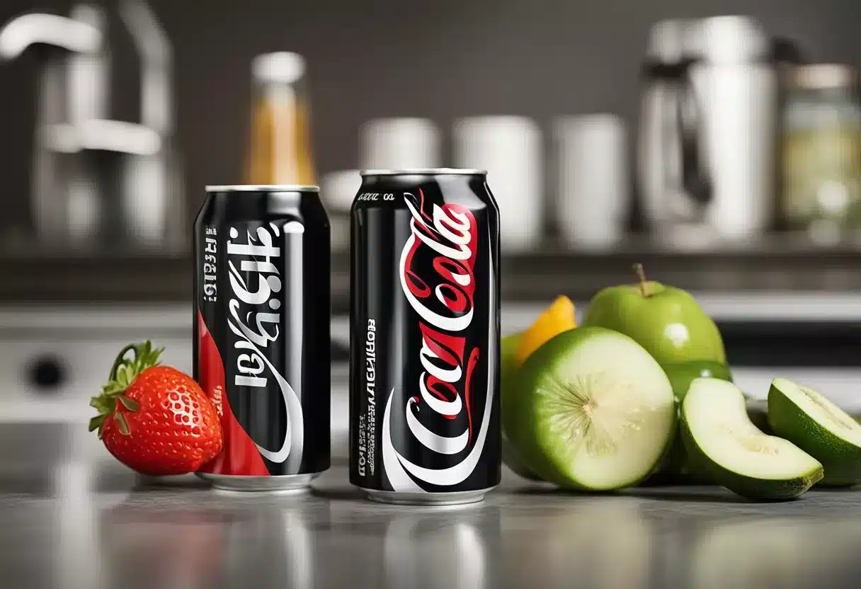 Two soda cans sit side by side on a kitchen counter, one labeled "Diet Coke" and the other "Coke Zero." The cans are surrounded by various fruits and vegetables, emphasizing the health considerations of the two beverages