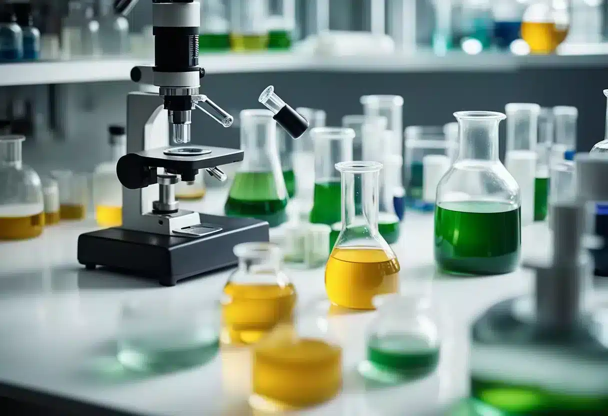 A laboratory setup with various equipment and chemicals, including n-acetyl cysteine, being used to demonstrate the role in antioxidant production