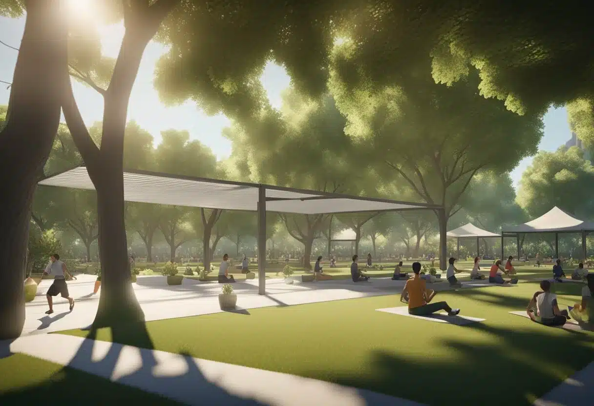 A sunny park with green trees, a jogging path, and people exercising. A yoga class under a canopy. A farmer's market with fresh fruits and vegetables