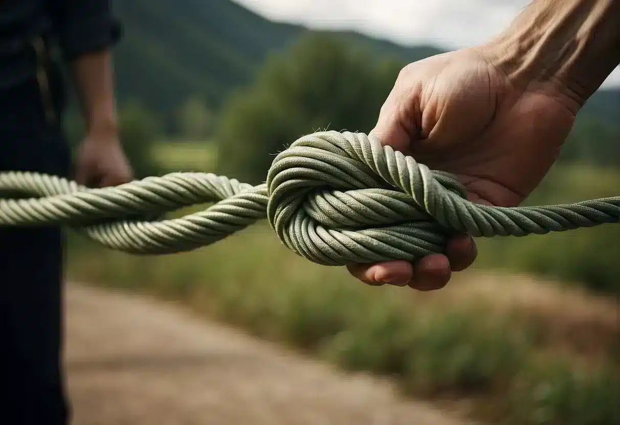 A taut rope being pulled taut over a weight, then released and bouncing back to its original position