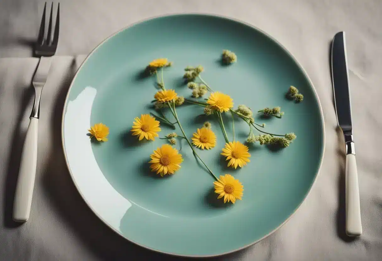 Empty plate, wilted flowers, loose clothing, and a scale showing decreasing numbers