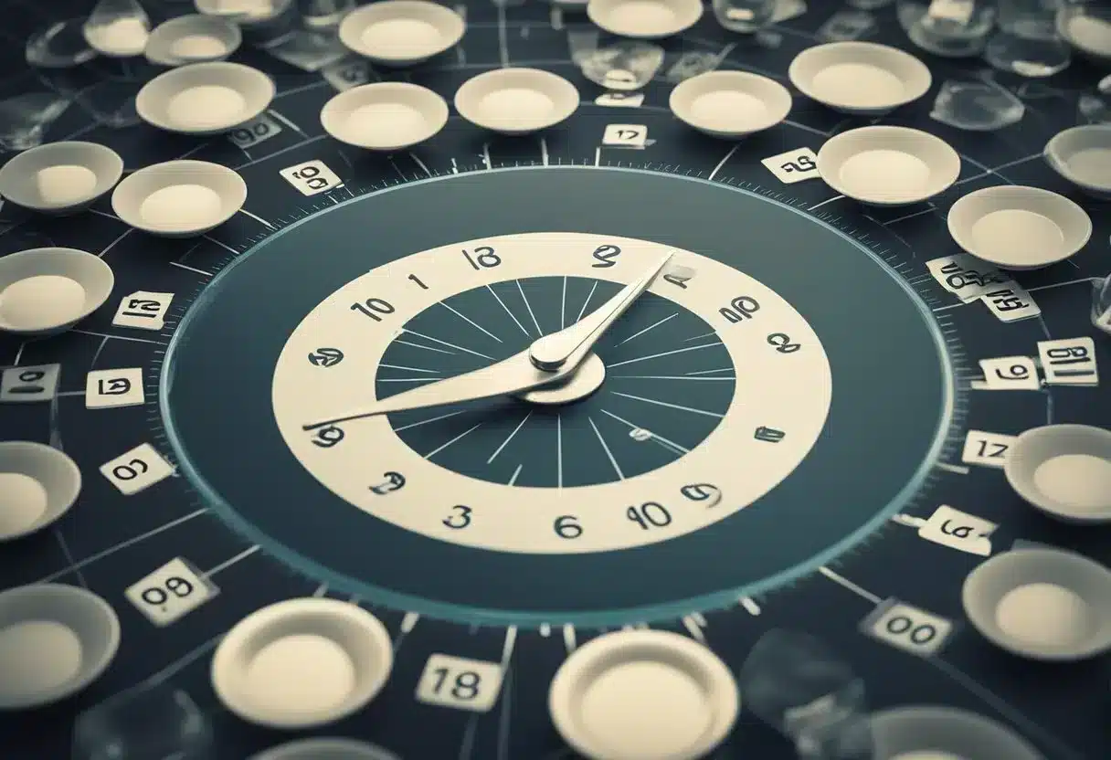 A scale with numbers rapidly decreasing, surrounded by empty plates and uneaten food