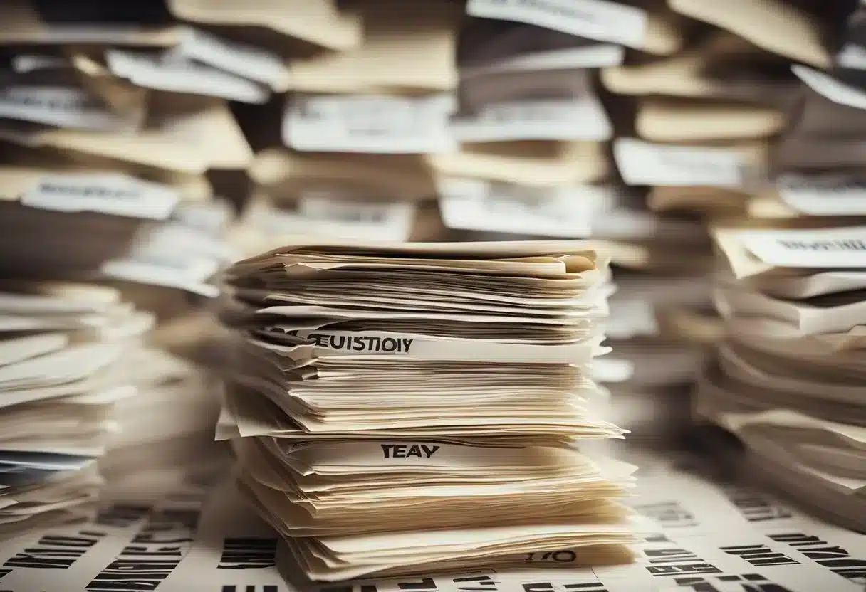 A stack of papers with "Frequently Asked Questions" on top, surrounded by warning signs and images of various side effects