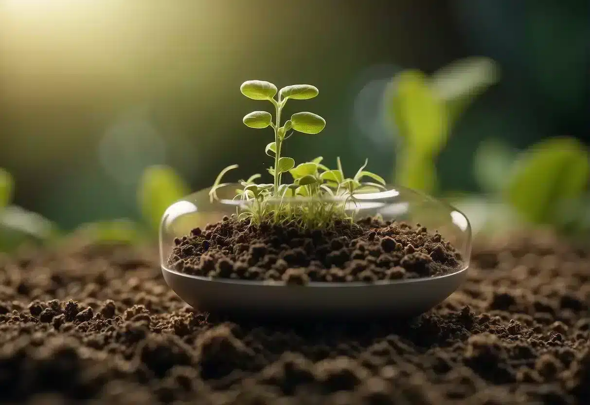 A seed probiotics capsule releasing beneficial bacteria into soil, surrounded by healthy plants and roots