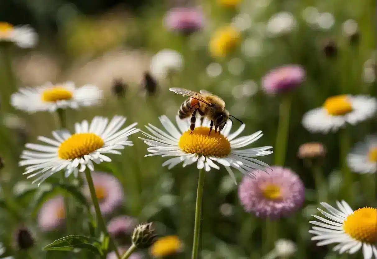 A vibrant garden with healthy plants and flourishing flowers, surrounded by buzzing bees and fluttering butterflies, showcasing the impact of seed probiotics on immunity