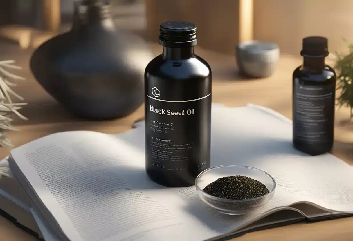A bottle of black seed oil surrounded by various research articles and studies, with highlighted benefits and potential side effects