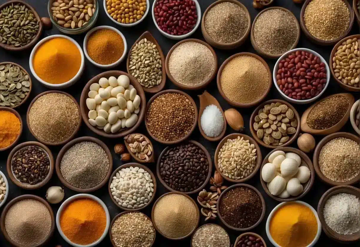 A diverse array of seeds, representing different probiotic strains, are gathered together in a vibrant and flourishing gut environment