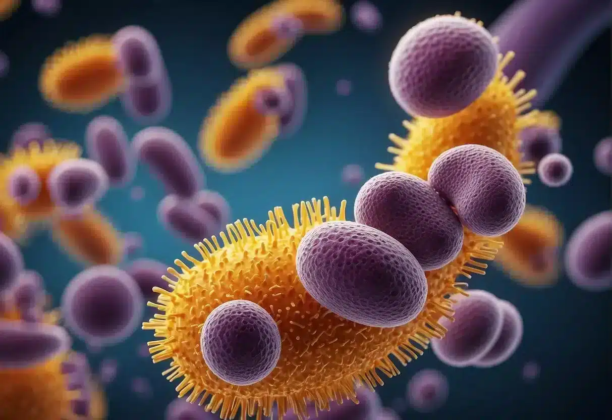 Bright, vibrant gut bacteria thriving in a healthy, balanced environment. Visible signs of improved digestion and overall physical well-being