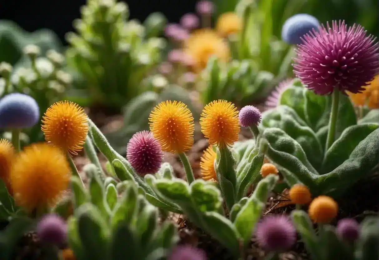 Healthy gut flora shown by flourishing plants, vibrant colors, and a happy digestive system
