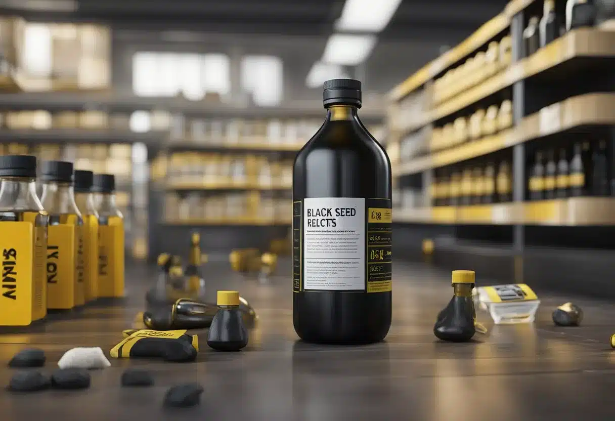A bottle of black seed oil surrounded by caution signs and warning labels, with a list of potential side effects and risks displayed prominently