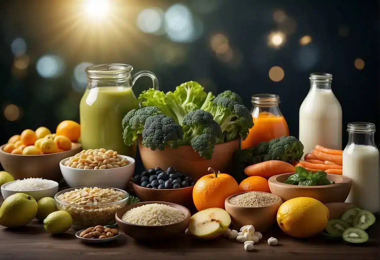 Various healthy food items and exercise equipment surrounded by a glowing aura, indicating the positive effects of probiotics