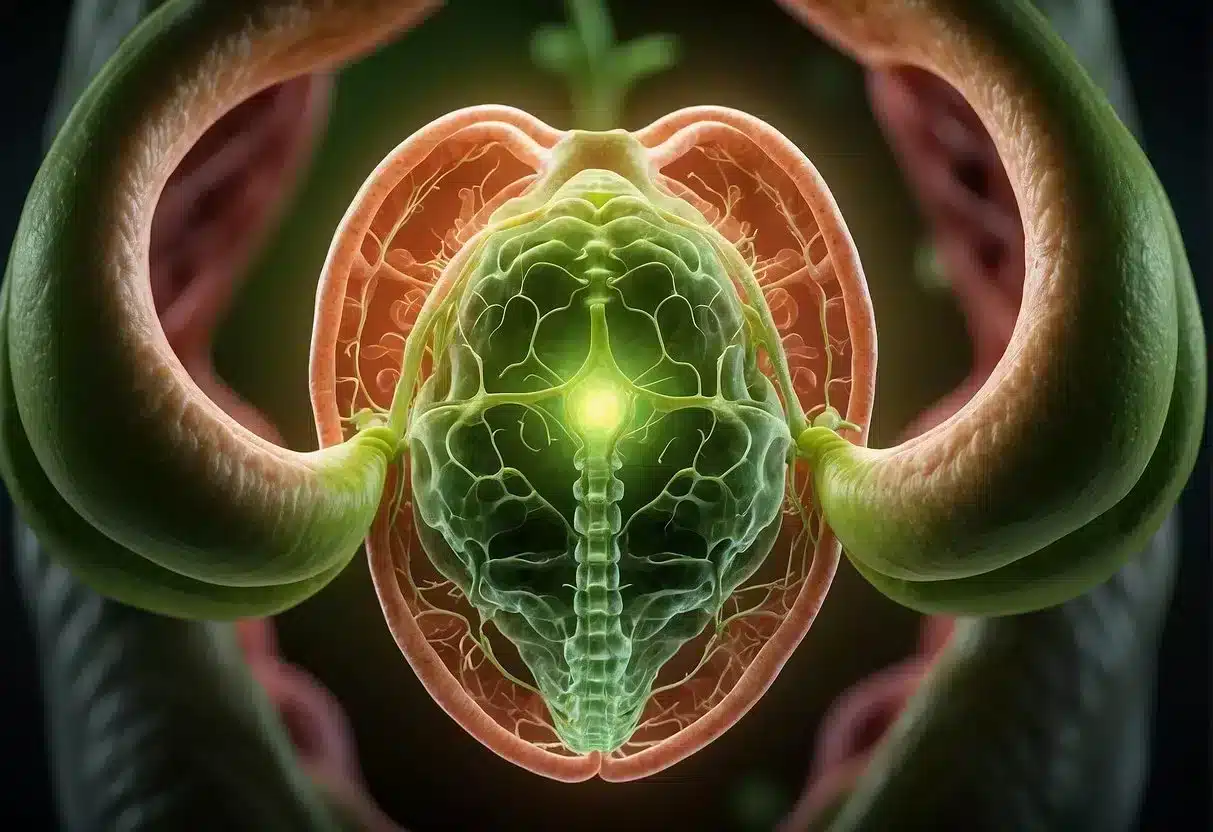 A happy, healthy gut with a glowing green glow emanating from within, surrounded by vibrant, flourishing digestive organs