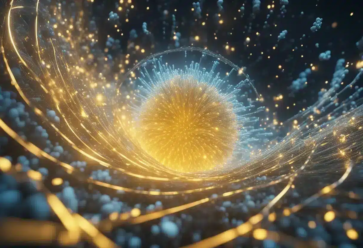 A swirling vortex of microscopic particles merging and interacting with cellular structures, emitting a bright, pulsating energy