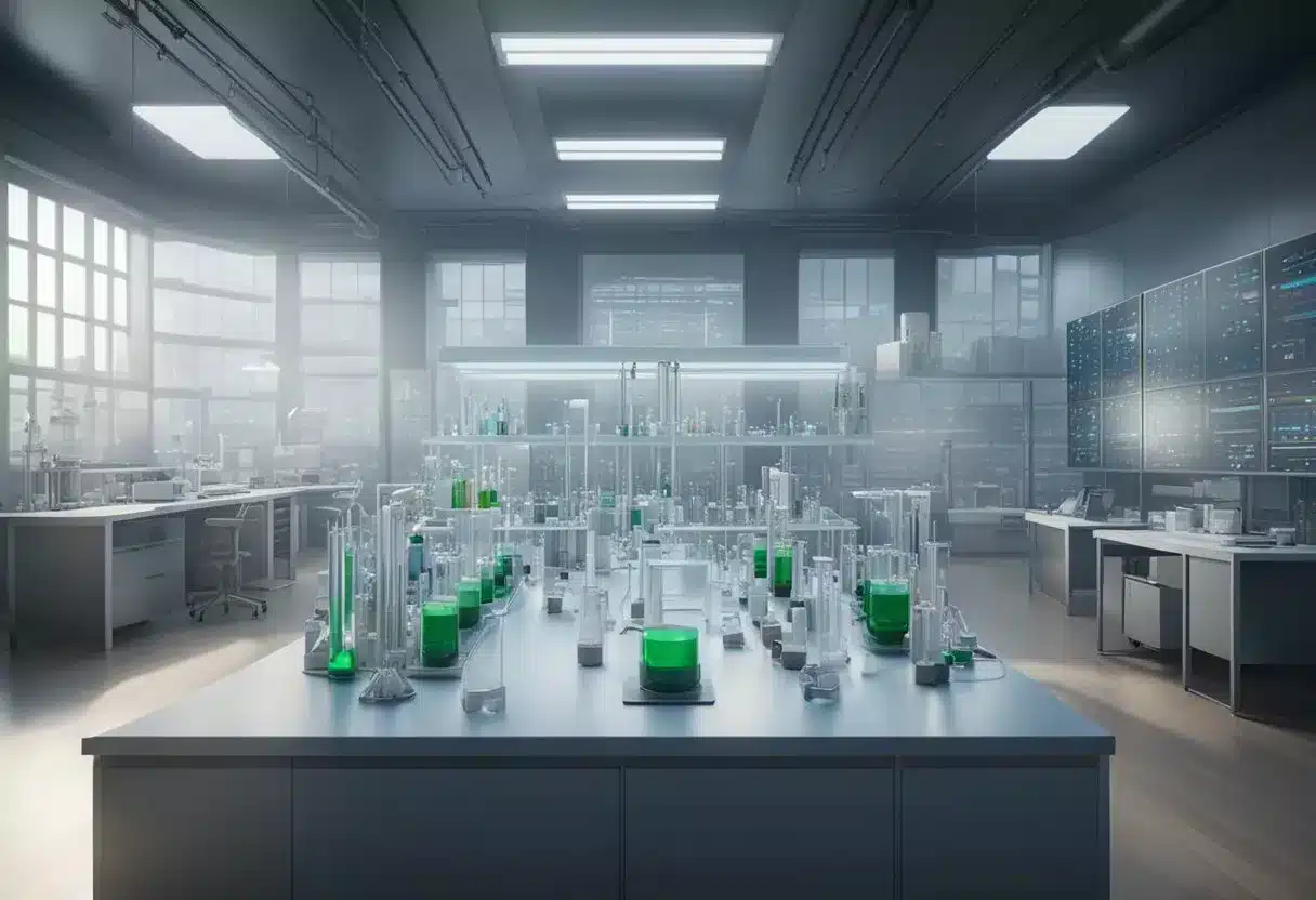 A lab setting with test tubes, scientific equipment, and data charts to illustrate efficacy and clinical studies for Puravive review