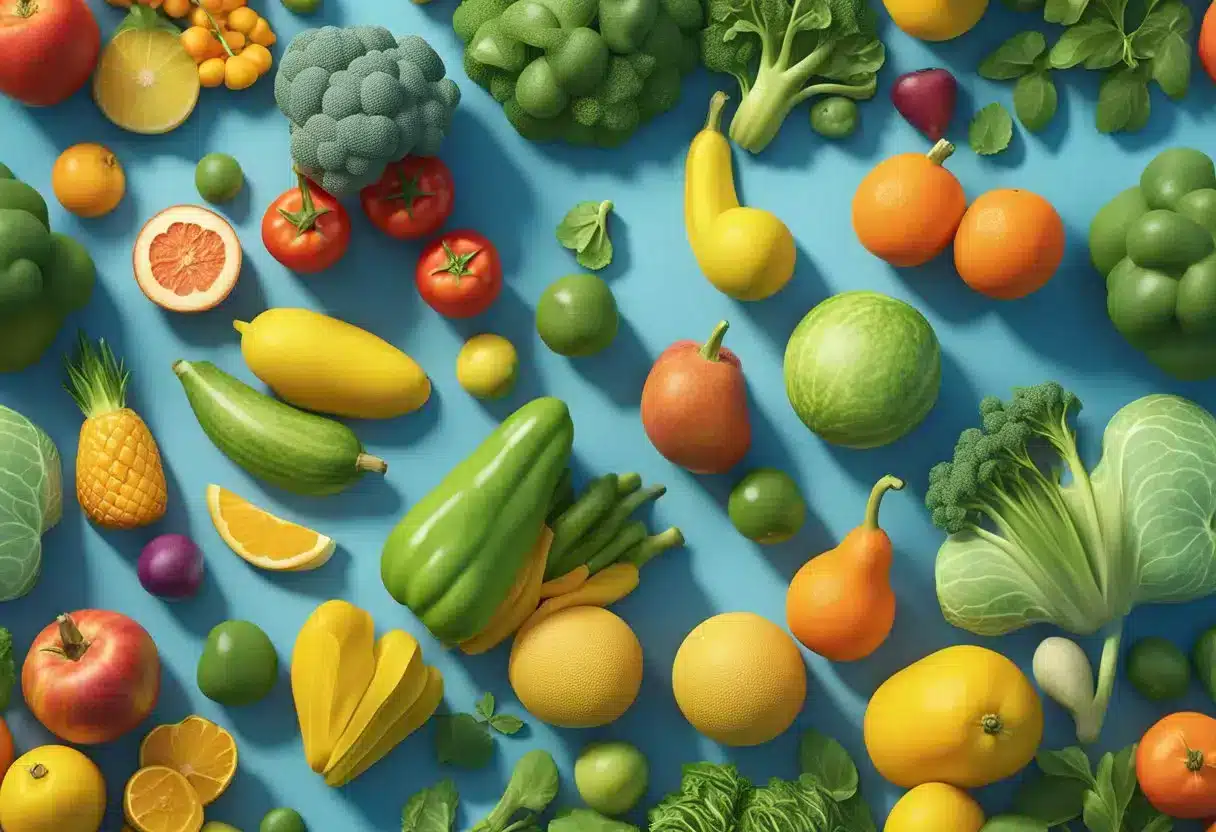 A colorful array of fresh fruits and vegetables, surrounded by vibrant green plants and a clear blue sky, evoking a sense of vitality and wellness