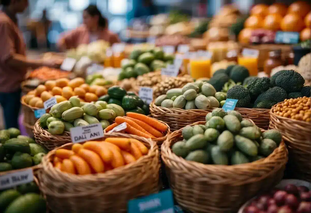 A bustling marketplace displays prebiotic foods on one side, while probiotic products are showcased on the other. The vibrant colors and diverse textures of the foods create an engaging and dynamic scene