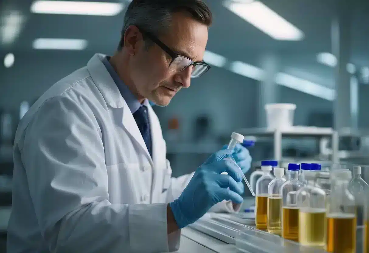 A scientist examines prebiotic and probiotic products, comparing labels and conducting quality tests in a laboratory setting