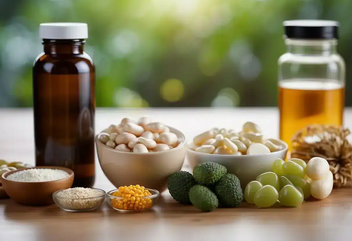 A bottle of probiotic supplements next to a variety of prebiotic foods, with a clear distinction between the two types of products