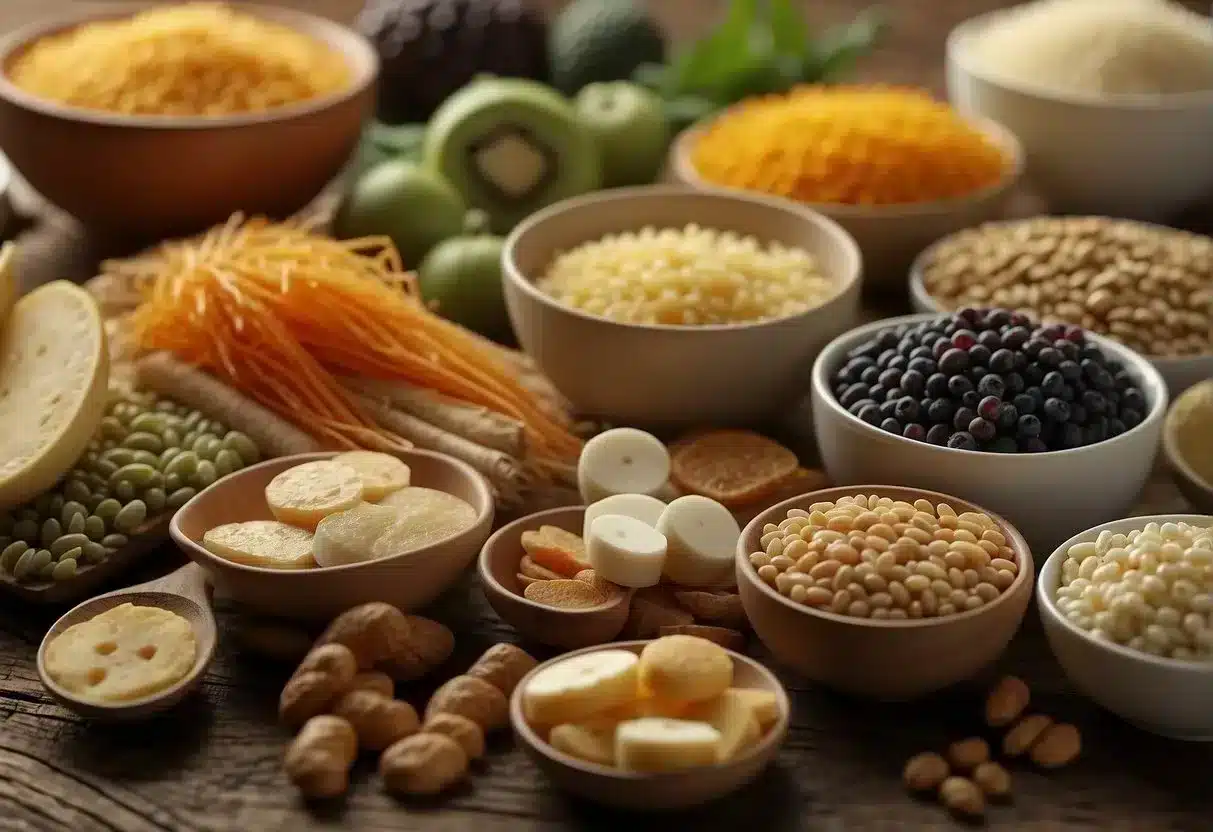 A diverse group of fiber-rich foods interacts with gut bacteria, promoting prebiotic functions. Probiotic supplements support this process