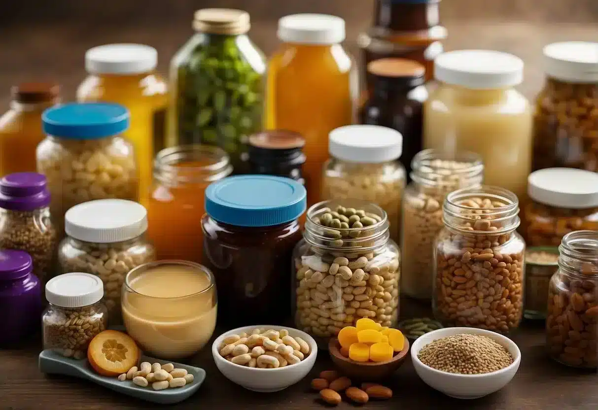 A diverse array of prebiotic and probiotic foods and supplements, surrounded by vibrant, healthy gut bacteria, with labels indicating specific health conditions