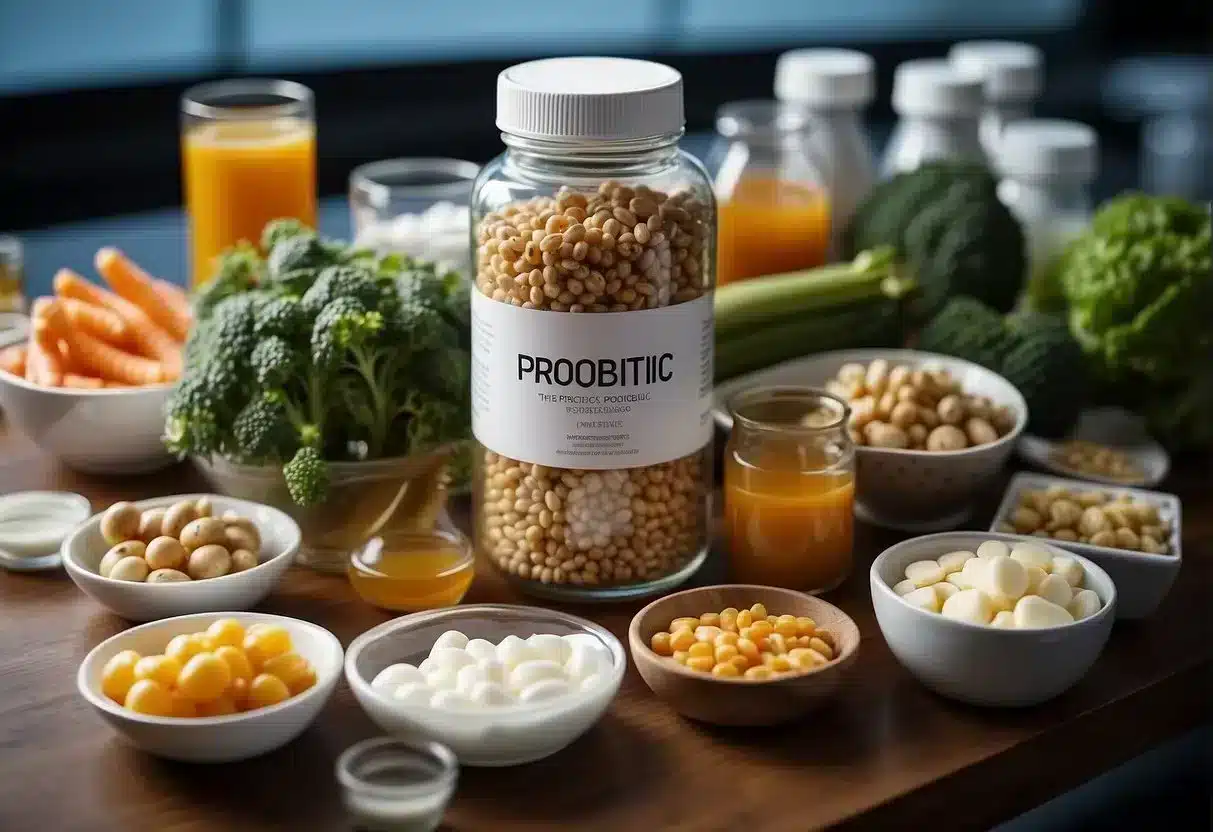 Various prebiotic and probiotic foods on a table, surrounded by scientific research papers and a futuristic, innovative laboratory setting