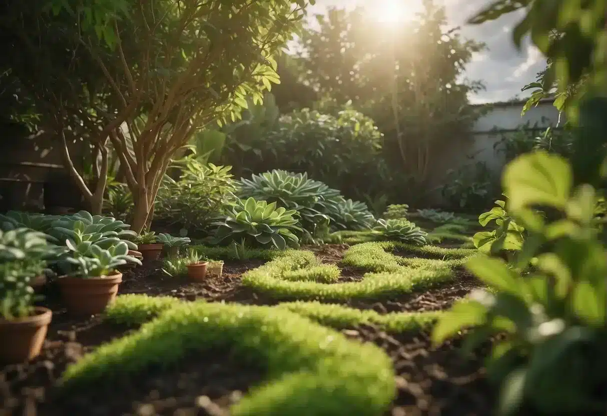 A vibrant garden with intertwining roots and flourishing plants, showcasing the synergistic effects of prebiotics and probiotics on the soil and surrounding environment