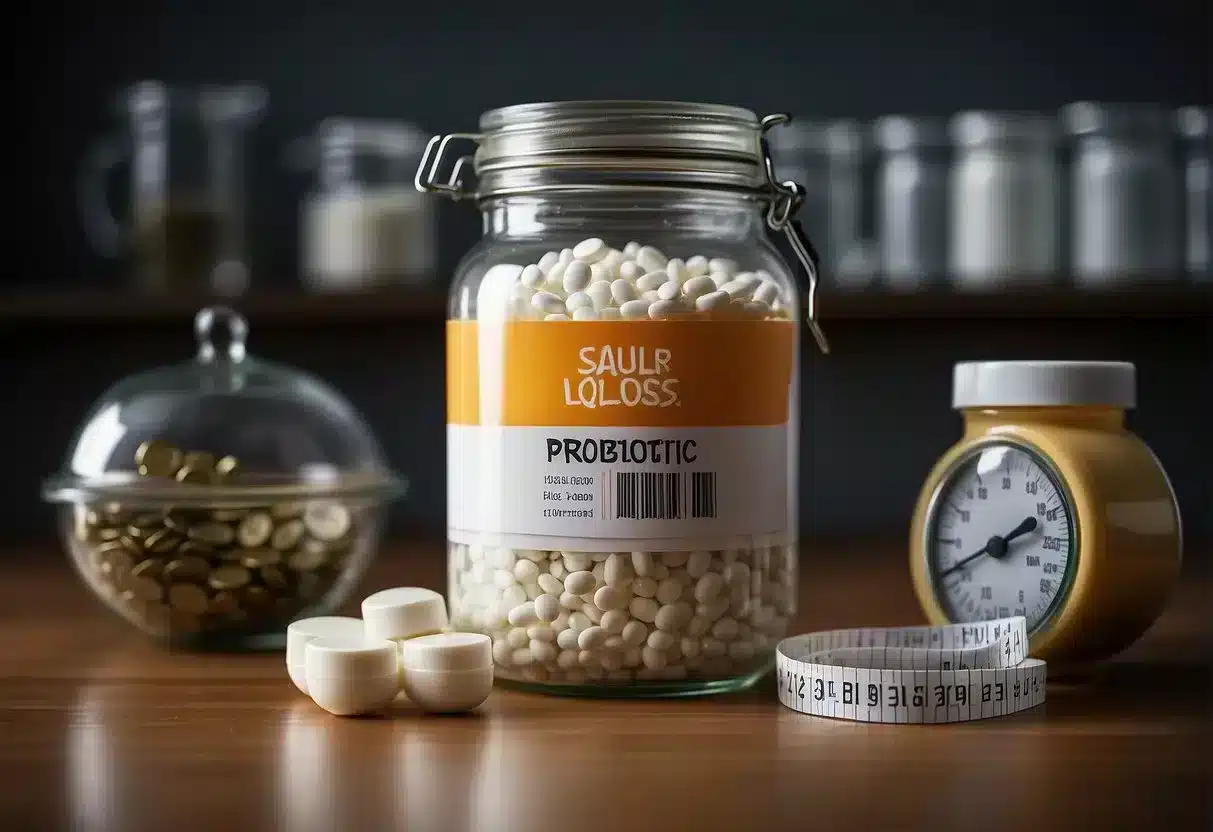 A jar of probiotic supplements sits next to a measuring tape and a scale, symbolizing the link between probiotics and weight loss