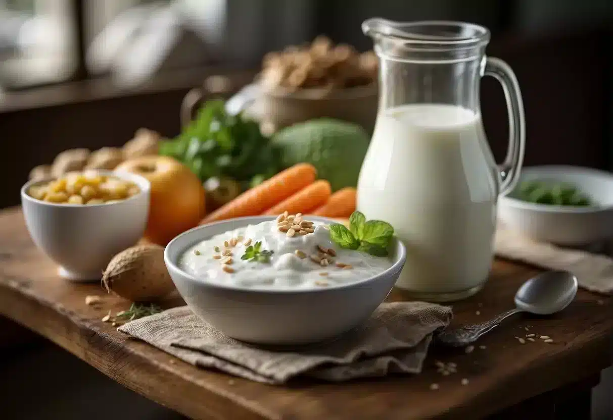 A table with various probiotic-rich foods like yogurt, kefir, and sauerkraut. A scale showing weight loss progress in the background