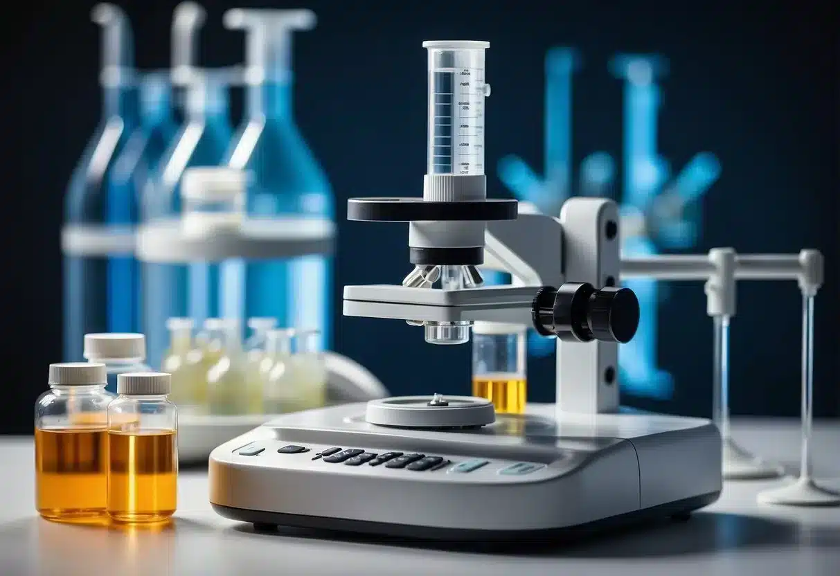 A laboratory setup with test tubes, microscope, and probiotic cultures on agar plates. Graphs and charts showing weight loss data