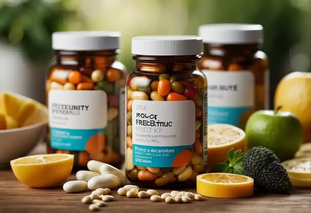 A stack of colorful probiotic supplements with "Frequently Asked Questions" text, surrounded by weight loss symbols and healthy food illustrations