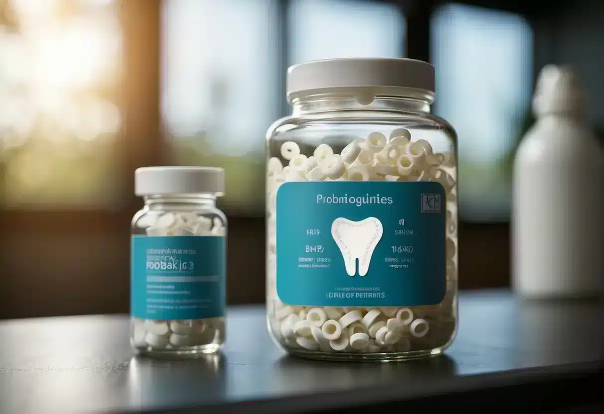 A dental probiotics bottle surrounded by question marks and a list of common inquiries