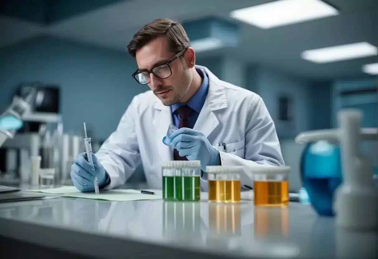 A dentist examines a test tube with dental probiotics while surrounded by research papers and scientific equipment
