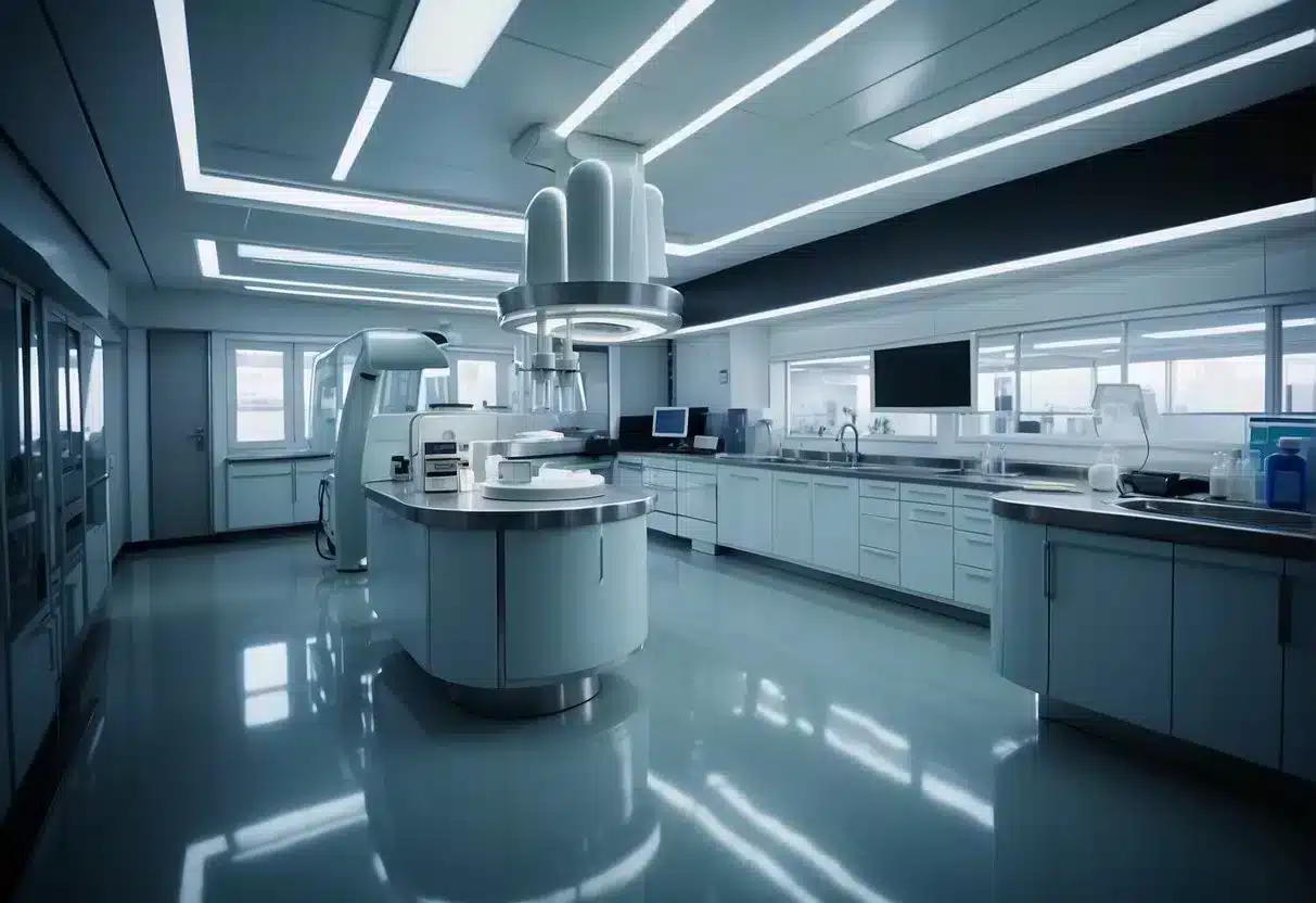 A futuristic dental probiotics lab with advanced technology and glowing probiotic strains in a sterile, sleek environment