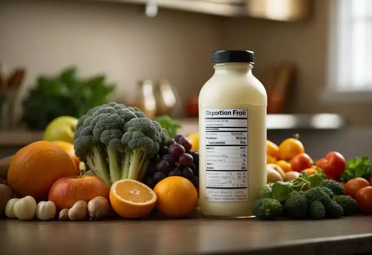 A bottle of probiotics sits on a kitchen counter, surrounded by various fruits and vegetables. The label indicates it's an "adjustment period" formula